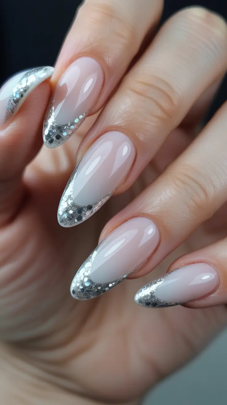 february nails ideas Silver Frost French With a Twilight Glow