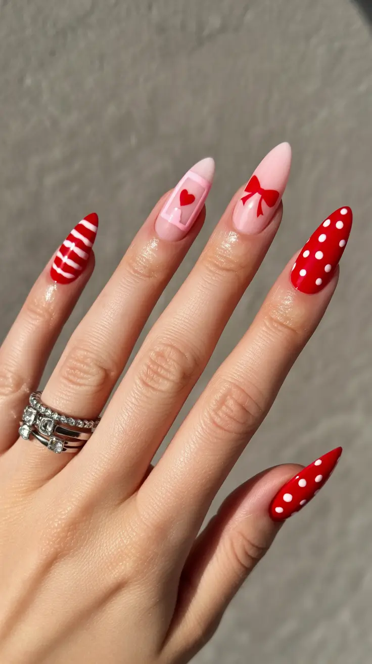 february nails ideas Candy Red Valentine Mix With Playful Art