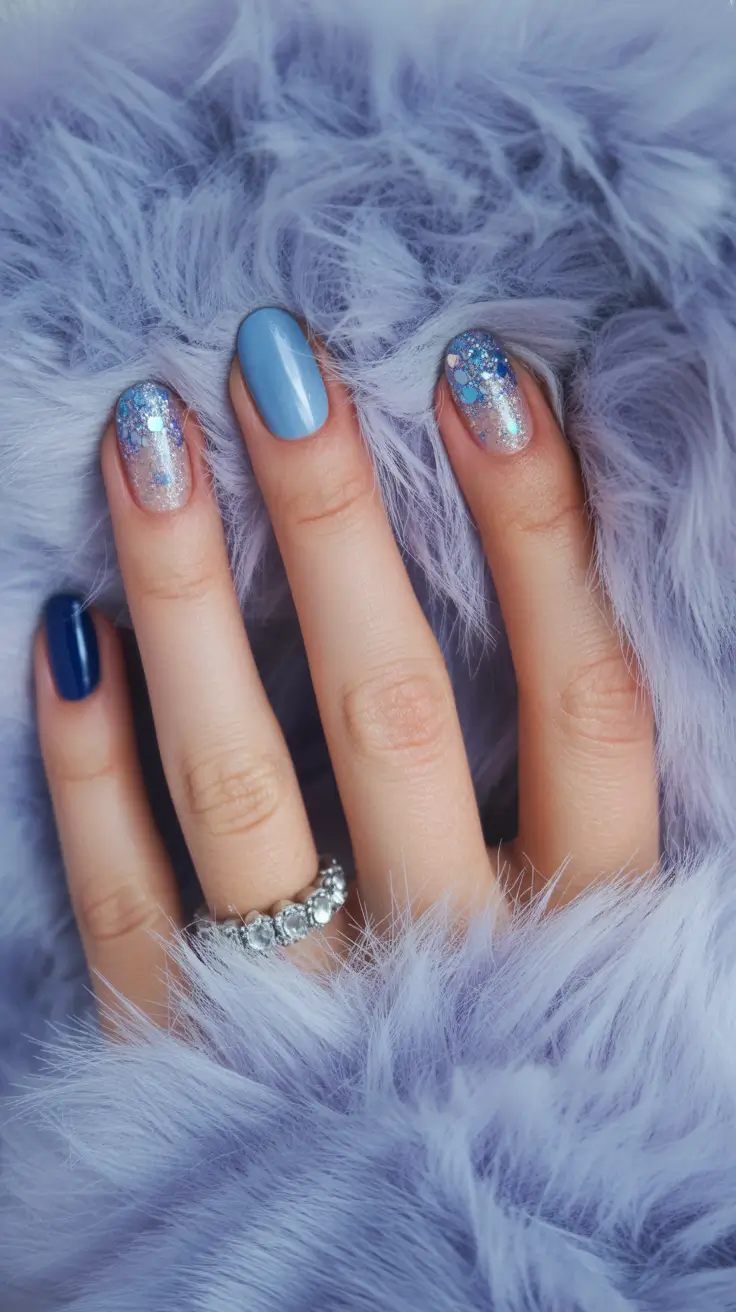 february nails ideas Winter Blue Shimmers With Frosted Layers