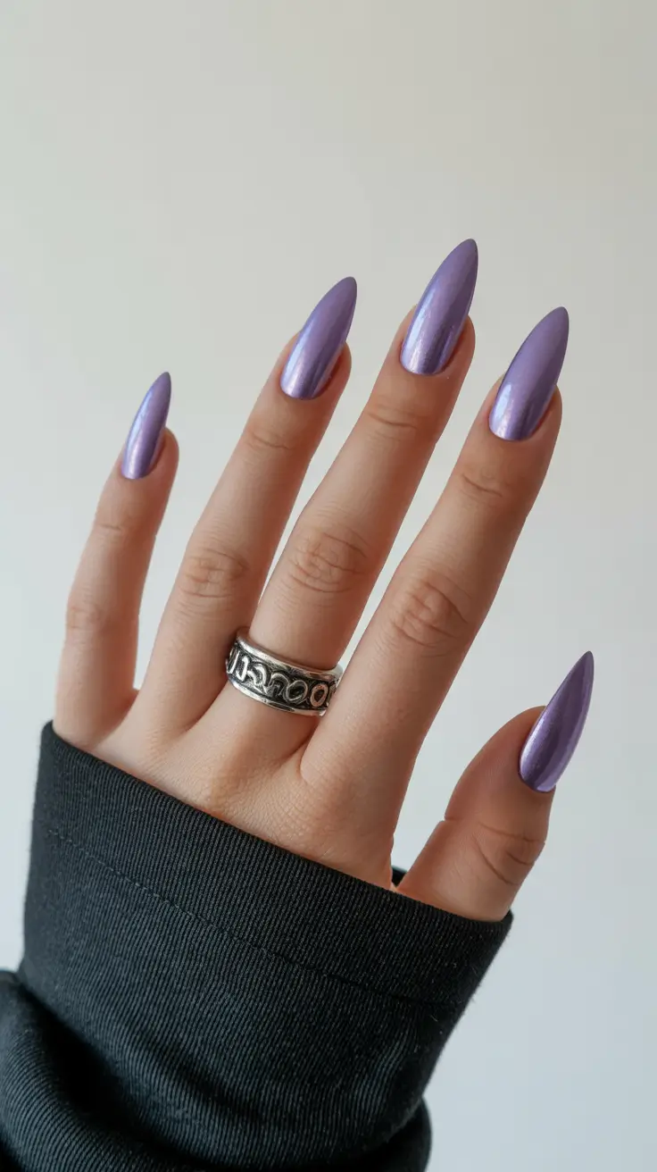 february nails ideas Lavender Metallic Almond Glow
