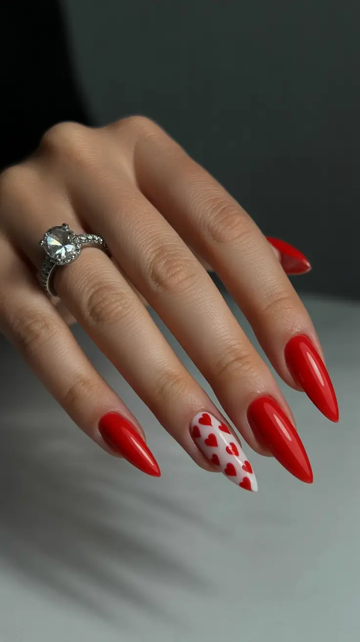 february nails ideas Classic Red Almond With a Valentine Accent