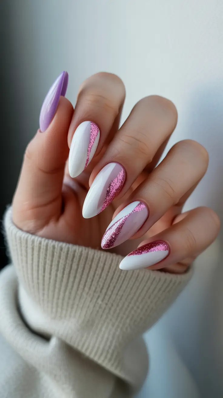 february nails ideas Pink Glitter Ribbons Over Almond Whites