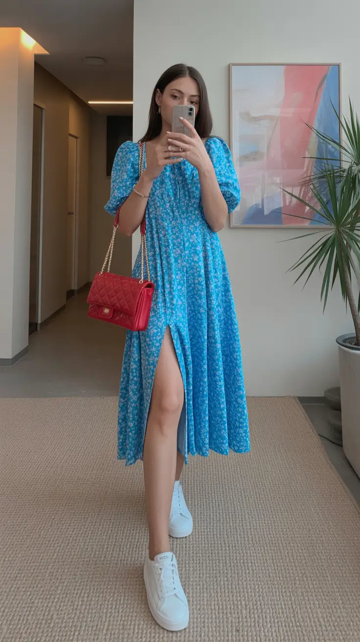 spring dress outfits 2026 Vivid Blue Florals With Casual Sneaker Charm