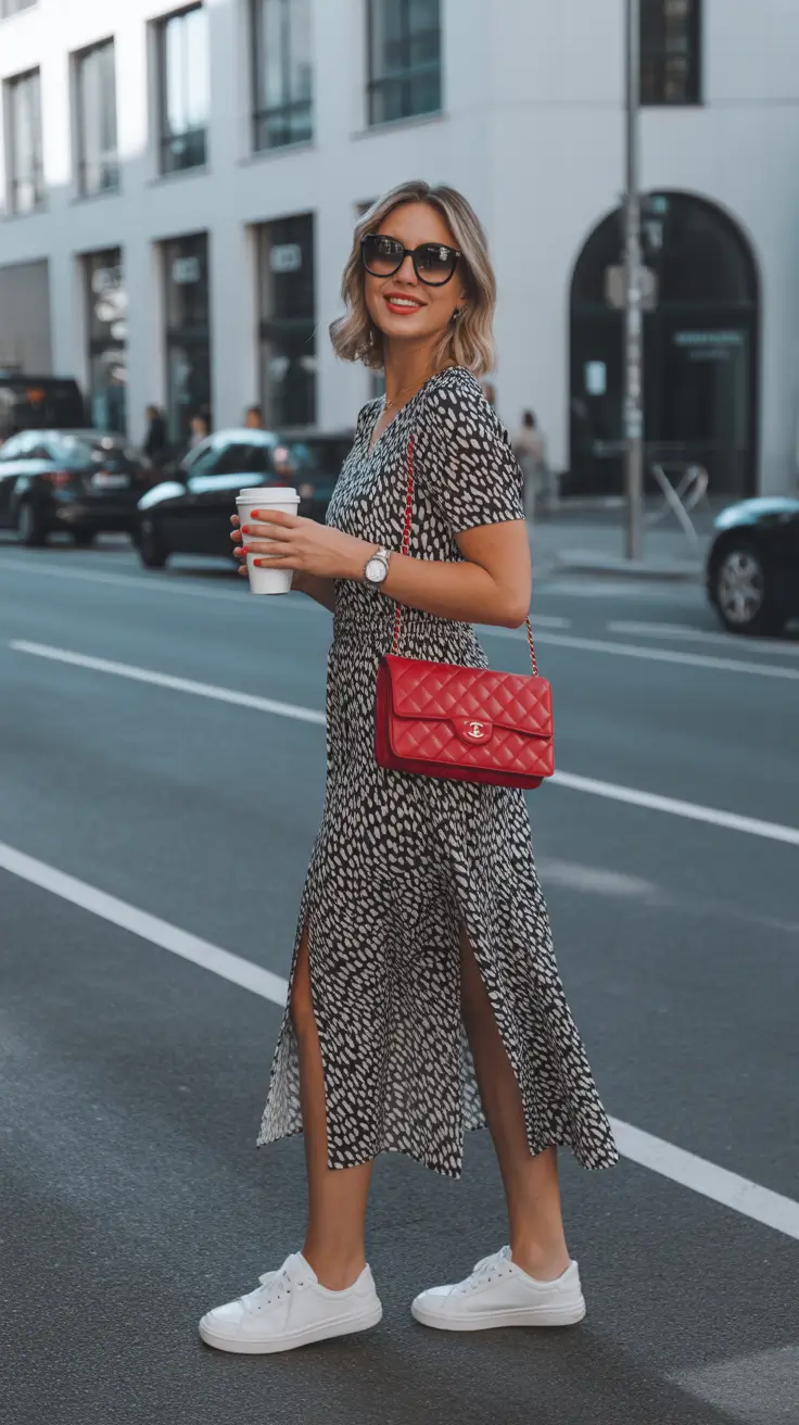 spring dress outfits 2026 Urban Black-and-White Chic With a Pop of Red