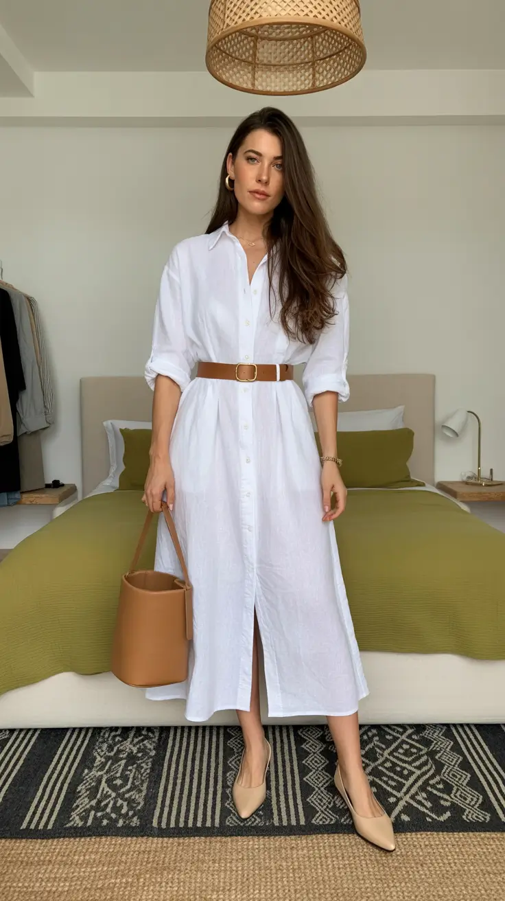 spring dress outfits 2026 Crisp White Shirt Dress With Earthy Accents