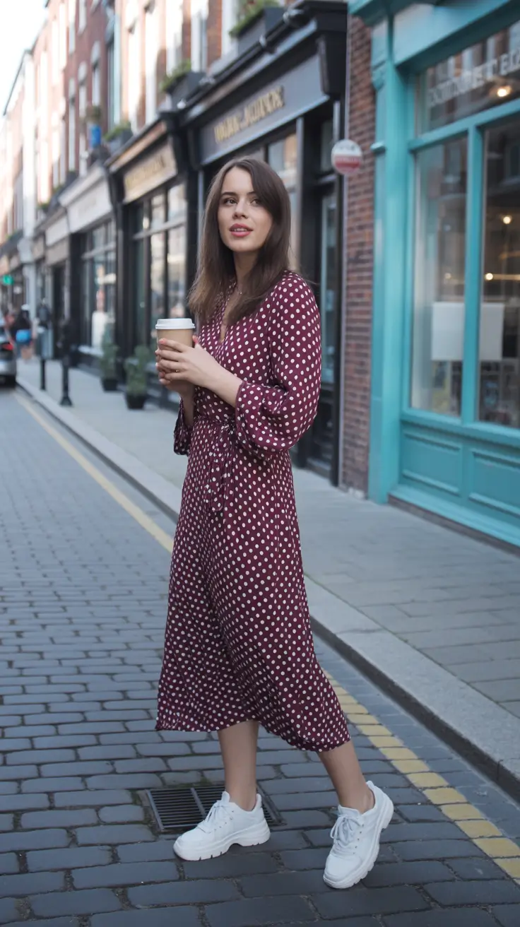 spring dress outfits 2026 Maroon Polka Dots With Effortless City Ease