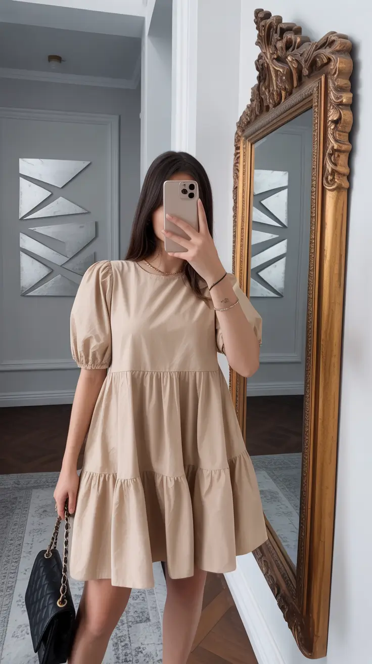 spring dress outfits 2026 Minimal Beige Babydoll With Modern Volume