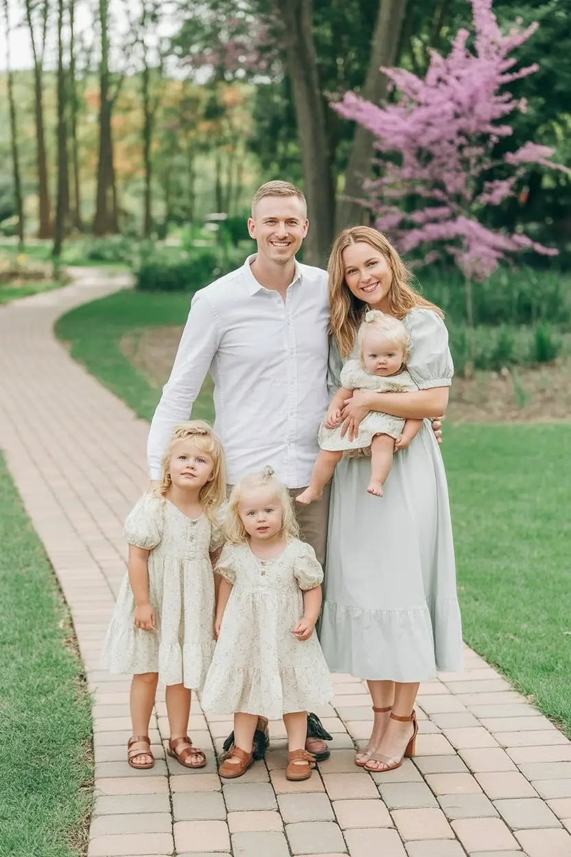 modern spring family pictures outfits 2026 Soft Greens and Creams for Dreamy Early Spring Coordination