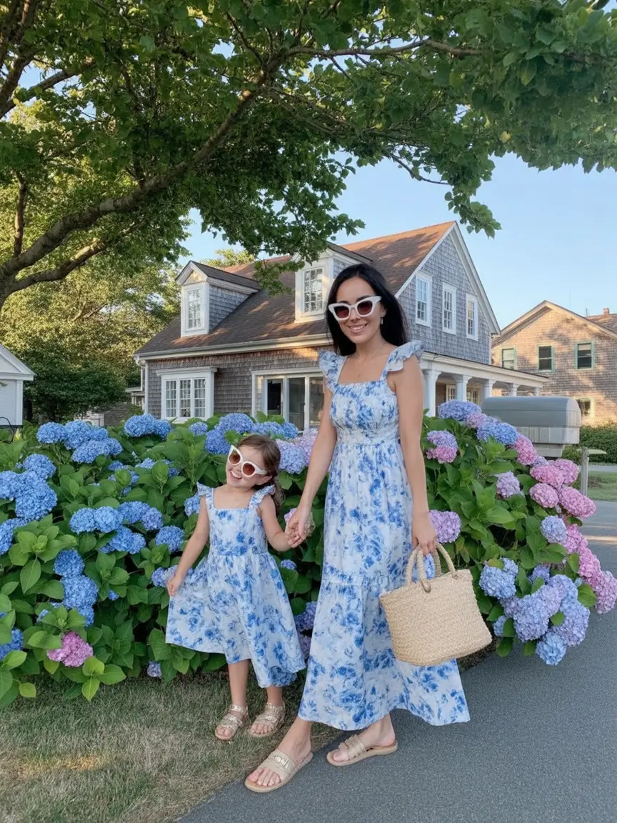 modern spring family pictures outfits 2026 Blue Floral Harmony for Classic Coastal Spring Style