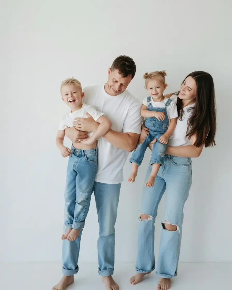 modern spring family pictures outfits 2026 Light Denim Harmony for Casual Spring Studio Moments