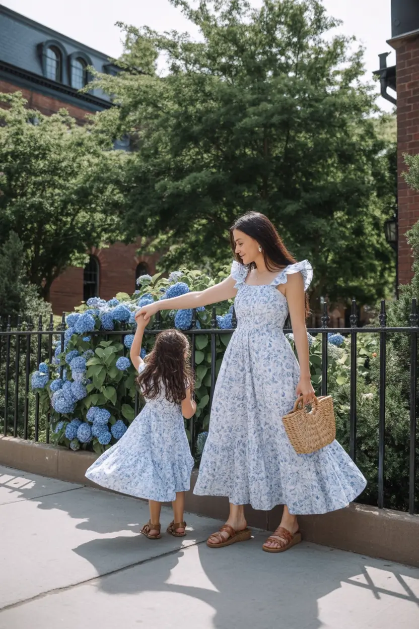 modern spring family pictures outfits 2026 Blue Floral Movement for Romantic Mother-Daughter Spring Style