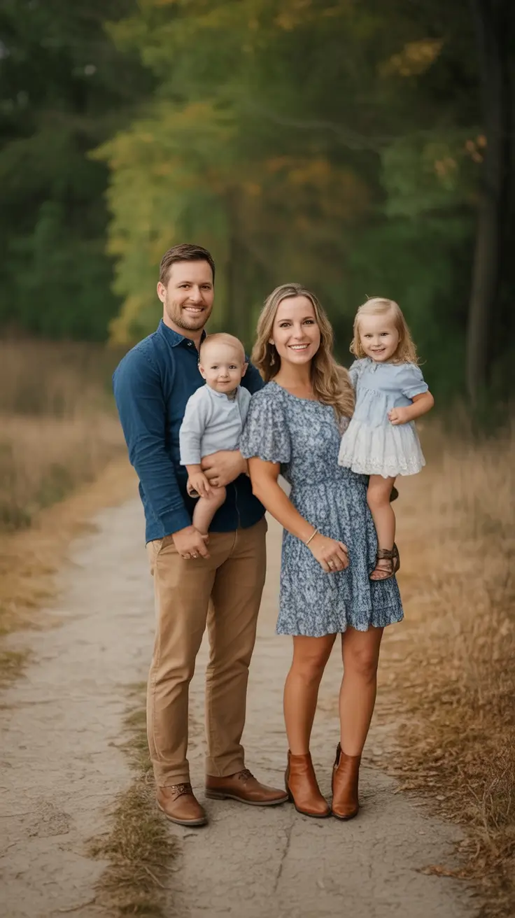 modern spring family pictures outfits 2026 Warm Blues and Earth Tones for Natural Spring Pathway Portraits