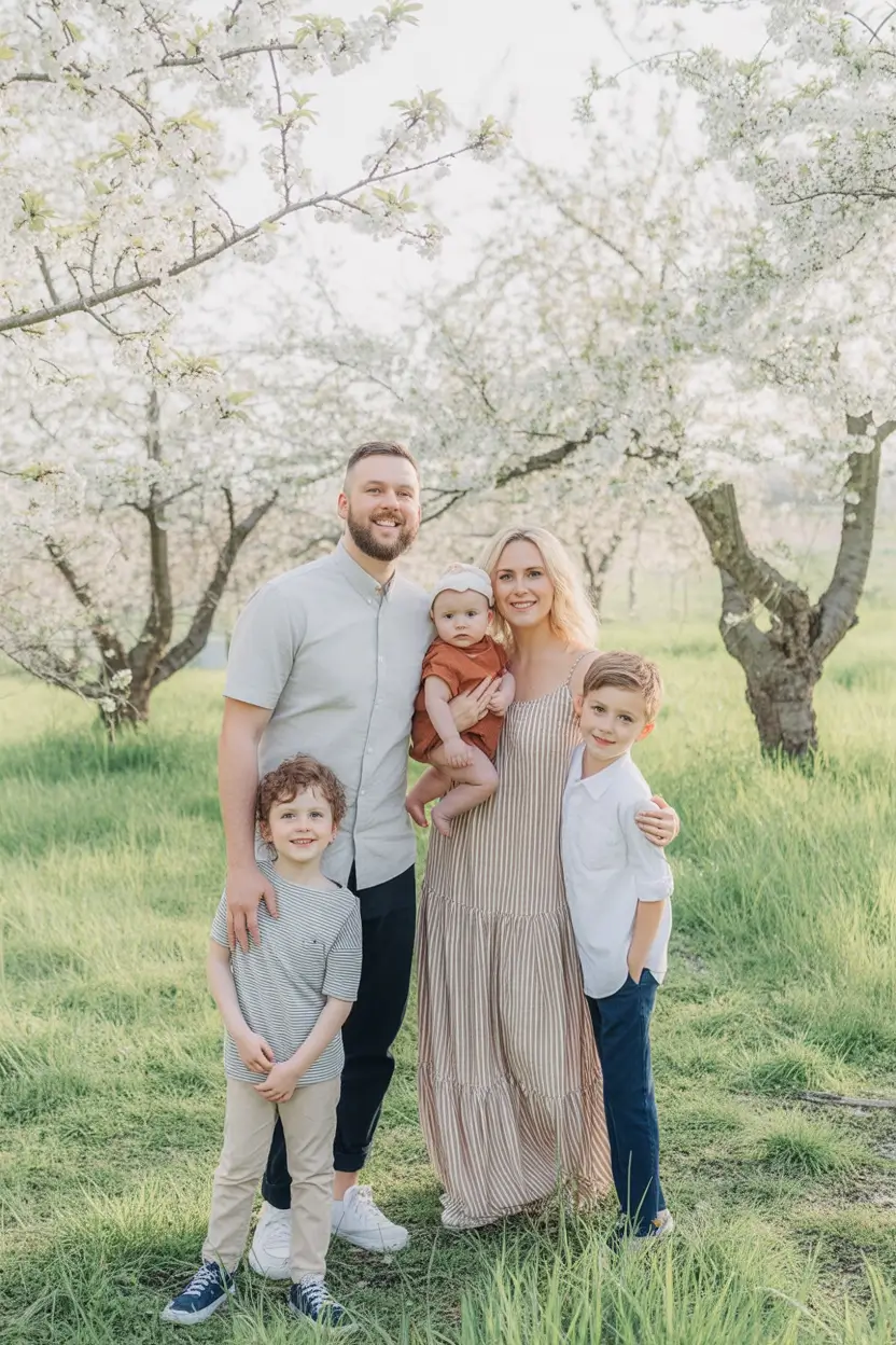 modern spring family pictures outfits 2026 Soft Orchard Neutrals With Warm Seasonal Contrast