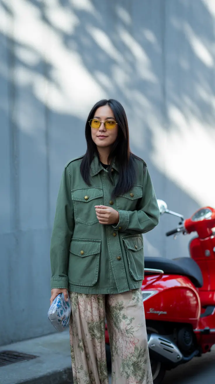 early spring outfits 2026 Utility Jacket Meets Romantic Silhouettes