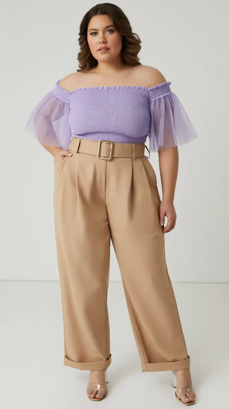 plus size spring outfits 2026 Soft Lilac Drama With Tailored Neutral Grounding