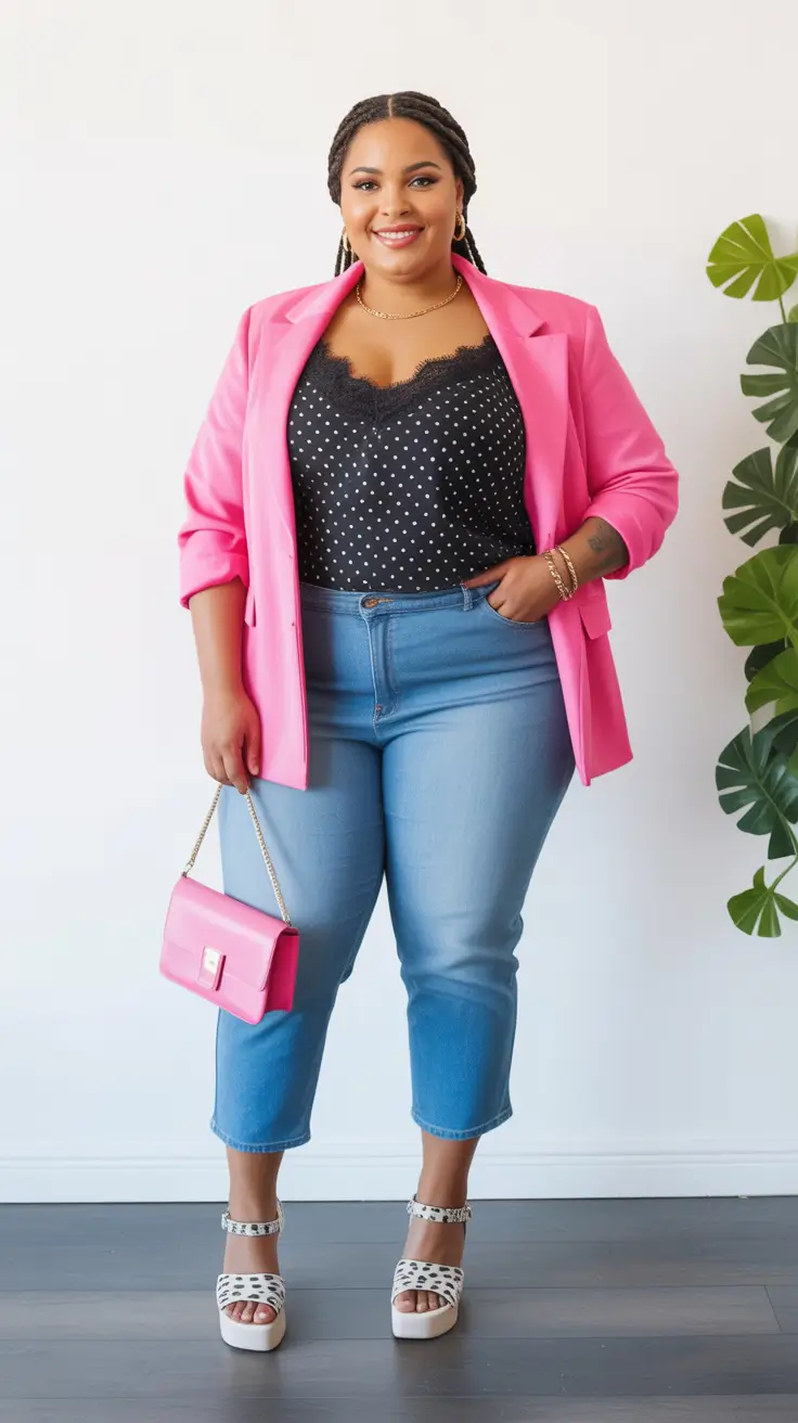 plus size spring outfits 2026 Pink Power Blazer With Denim Confidence