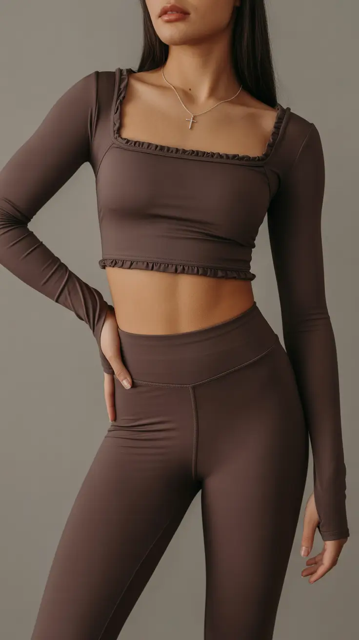spring workout outfits 2026 Chocolate Ruffle-Trim Set for a Feminine, Elevated Spring Workout Look