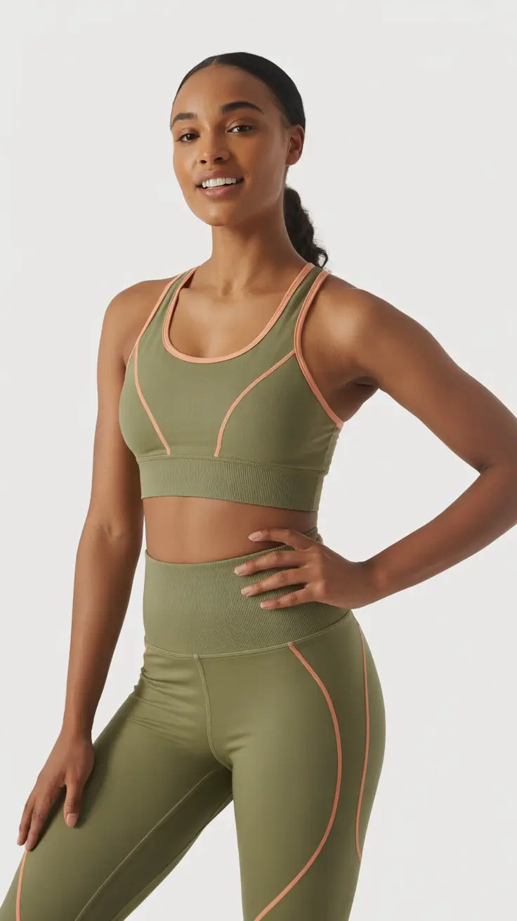 spring workout outfits 2026 Olive and Peach-Piped Set for Soft, Natural Spring Energy