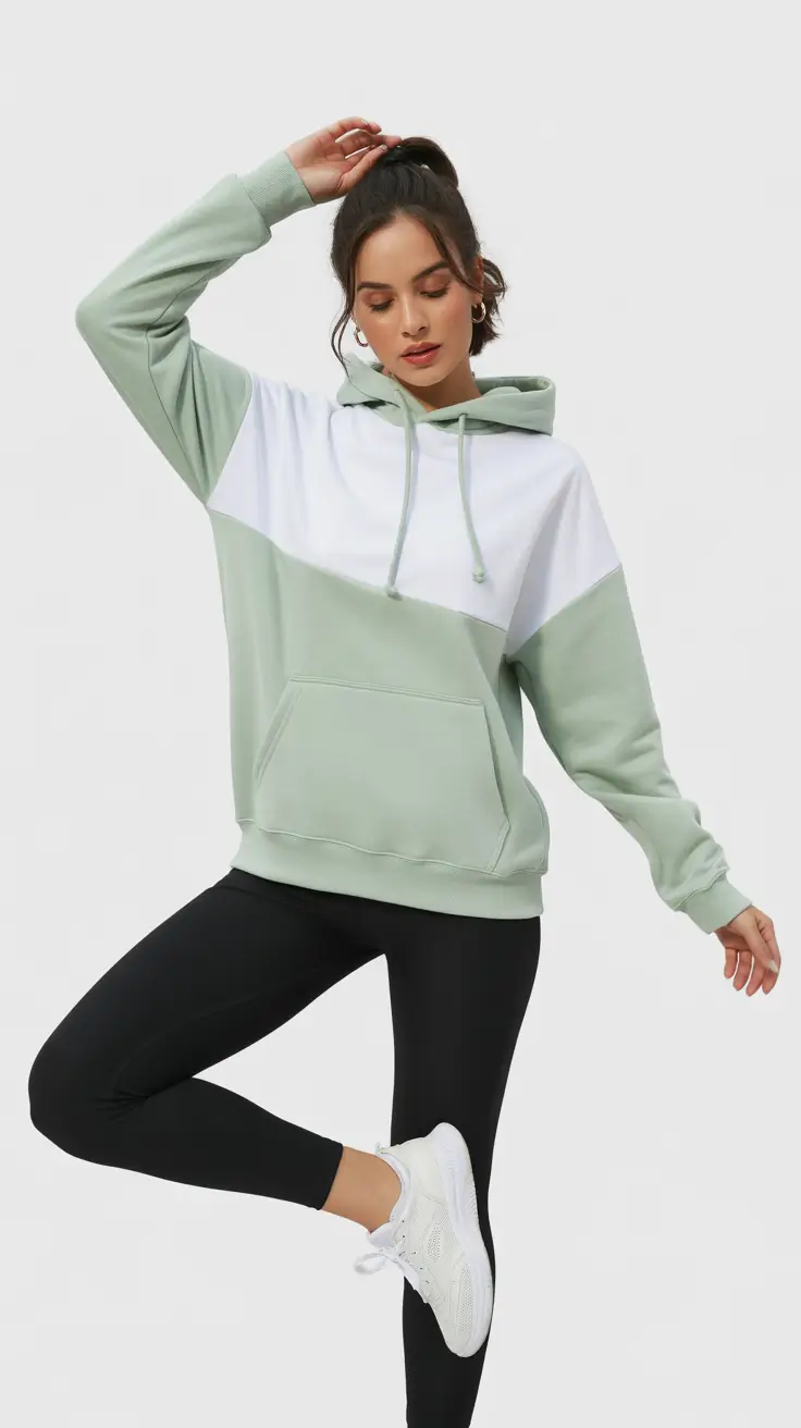 spring workout outfits 2026 Sage and White Hoodie Look for Cozy, Casual Spring Warm-Ups