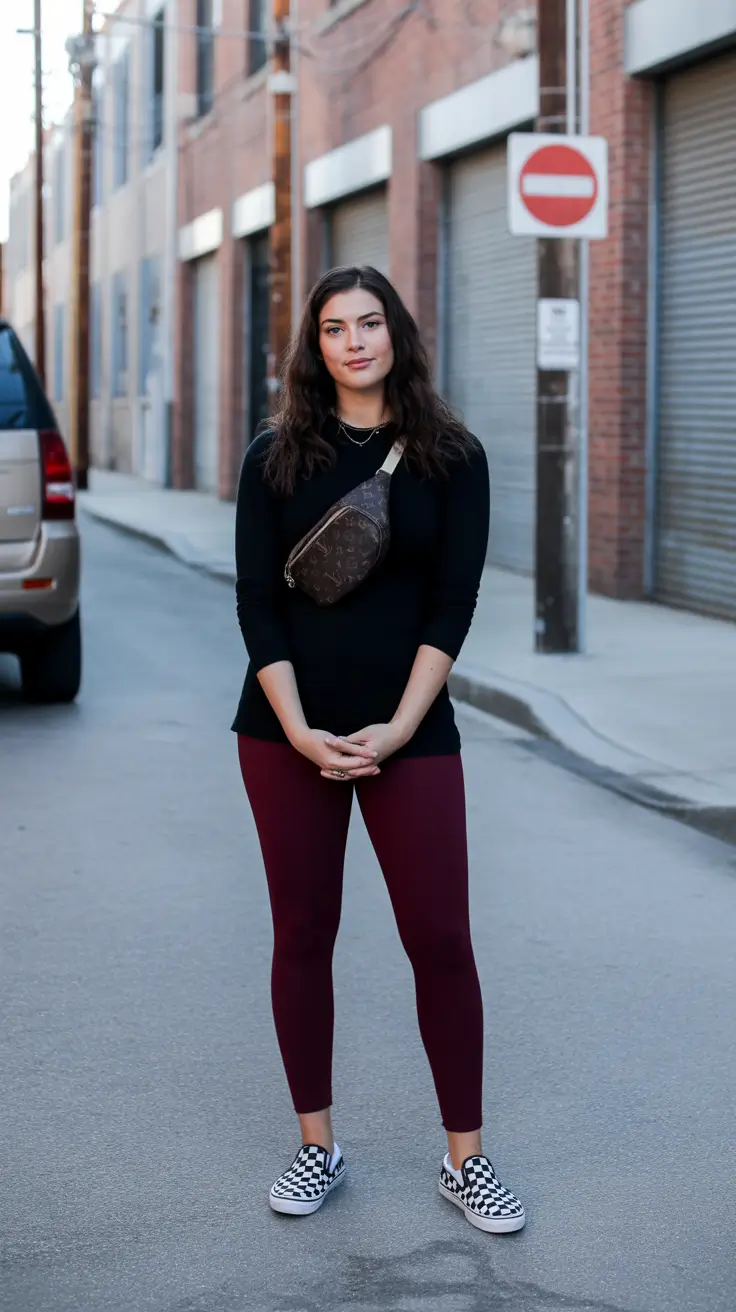 leggings-outfit-spring-2026 Deep Tones and Vintage Casual Attitude