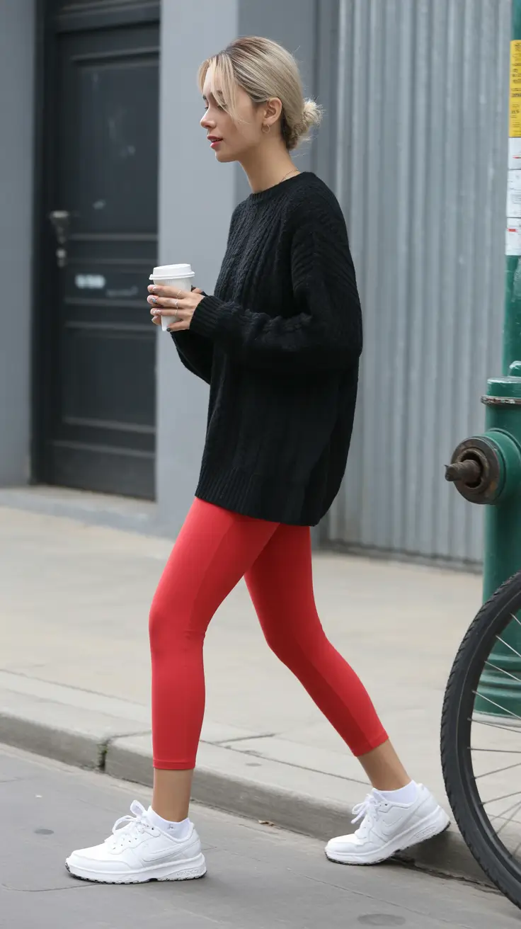 leggings-outfit-spring-2026 Bold Red Leggings with Relaxed Knit Comfort