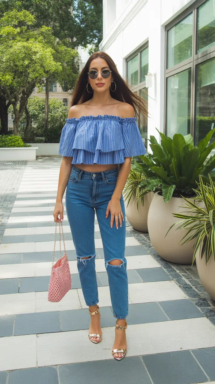 spring jean outfits 2026 Ruffled Off-Shoulder Top With Classic Ripped Denim
