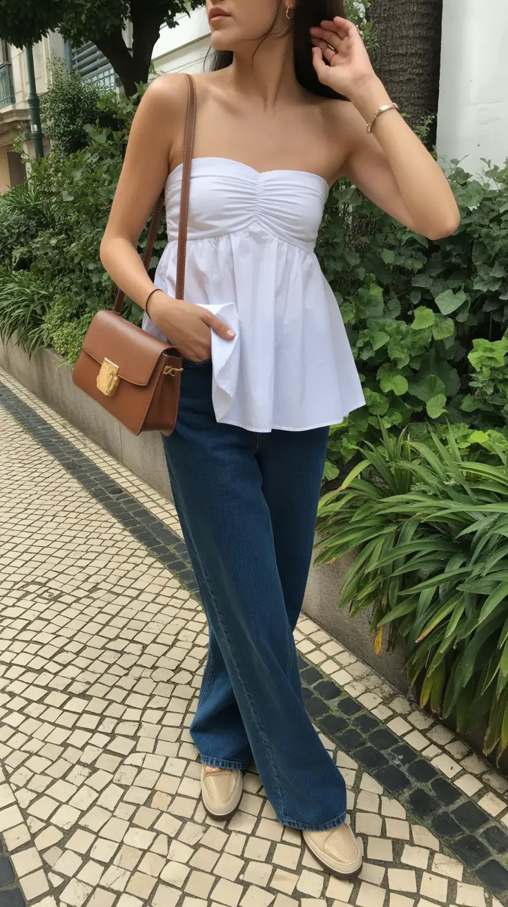 spring jean outfits casual White Babydoll Top With Relaxed Wide-Leg Jeans