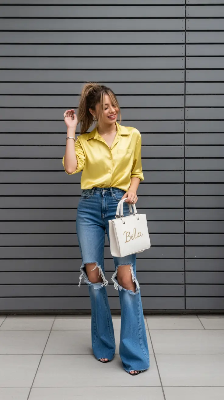 spring jean outfits casual styles Bold Yellow Satin With Statement Ripped Denim
