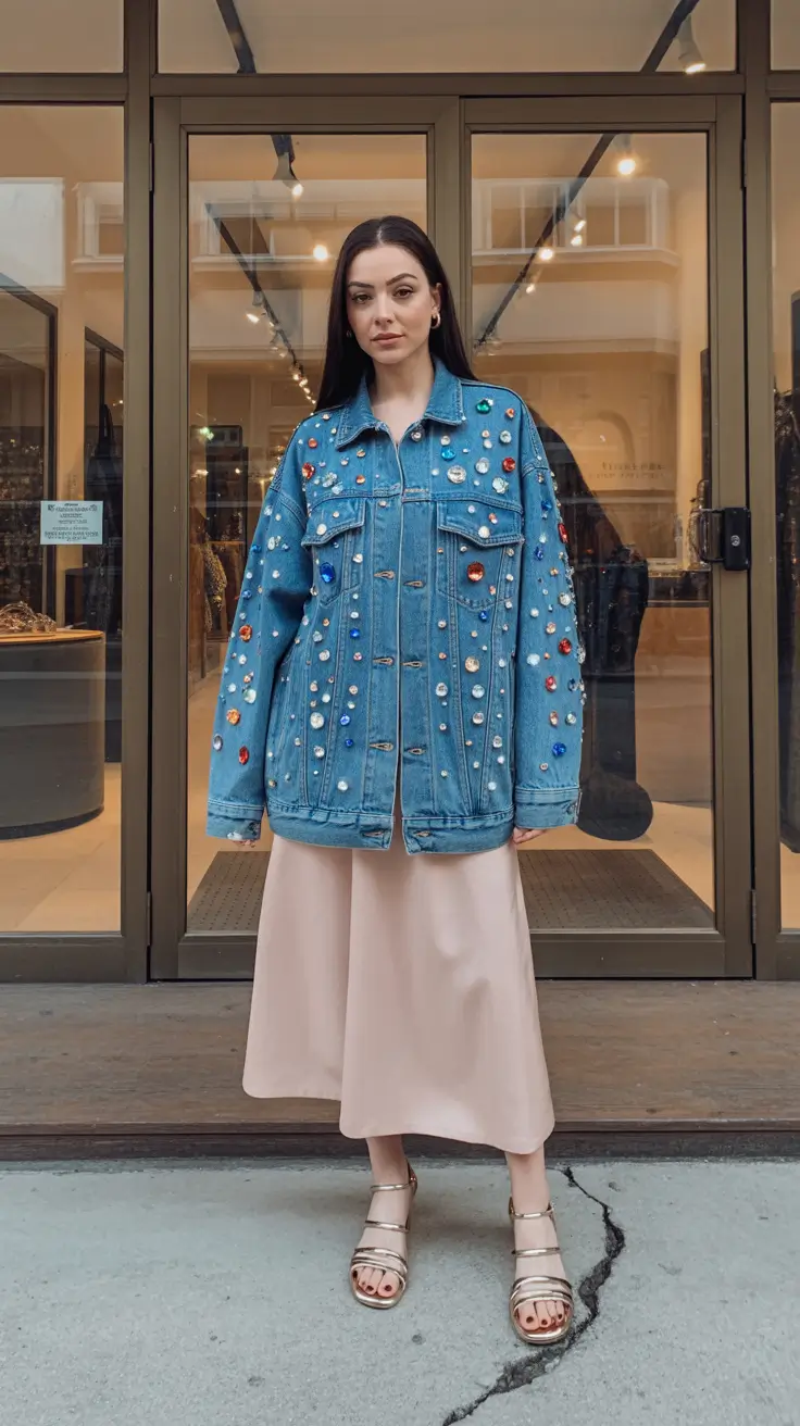 spring jean outfits women Statement Denim Jacket With Soft Spring Neutrals