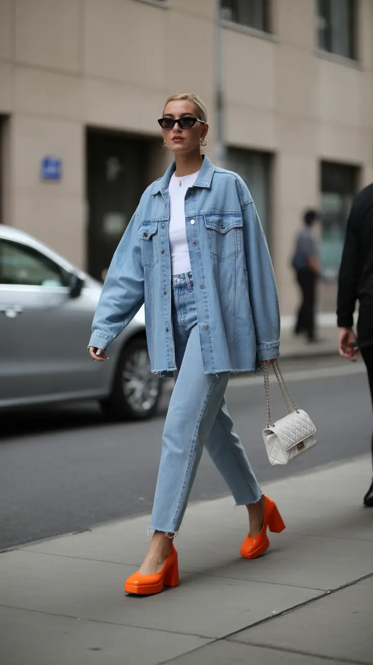 spring jean outfits 2026 Bright Statement Shoes With Classic Denim Layers