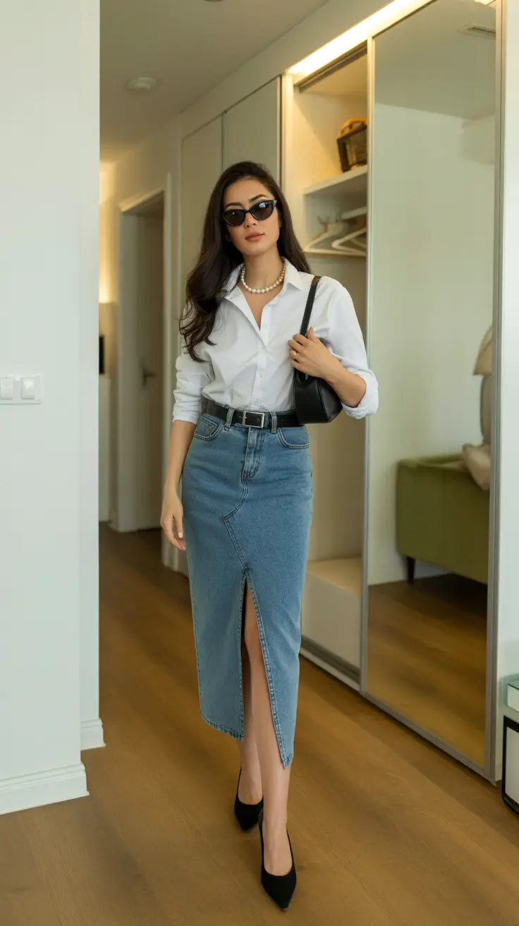 spring jean outfits for work Polished White Shirt With a Sharp Denim Midi