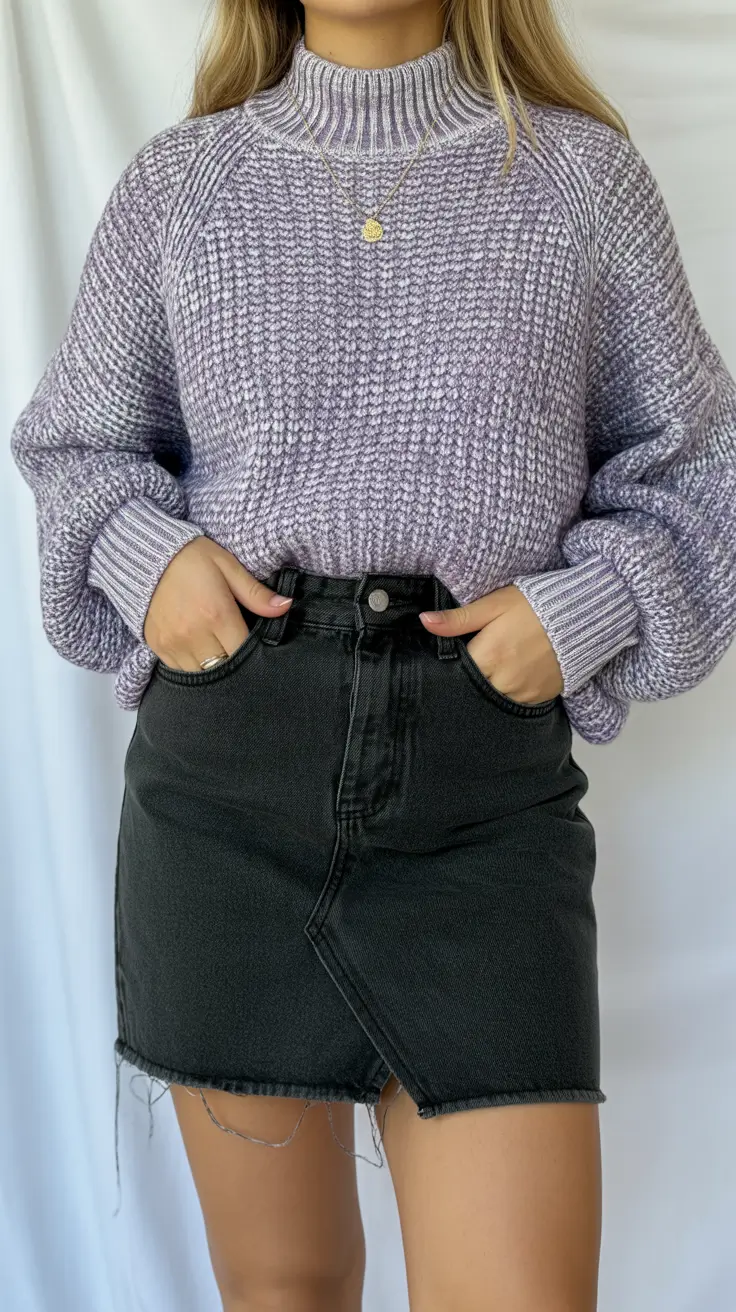 spring jean outfits for women Cozy Knit With a Denim Mini for Chilly Mornings