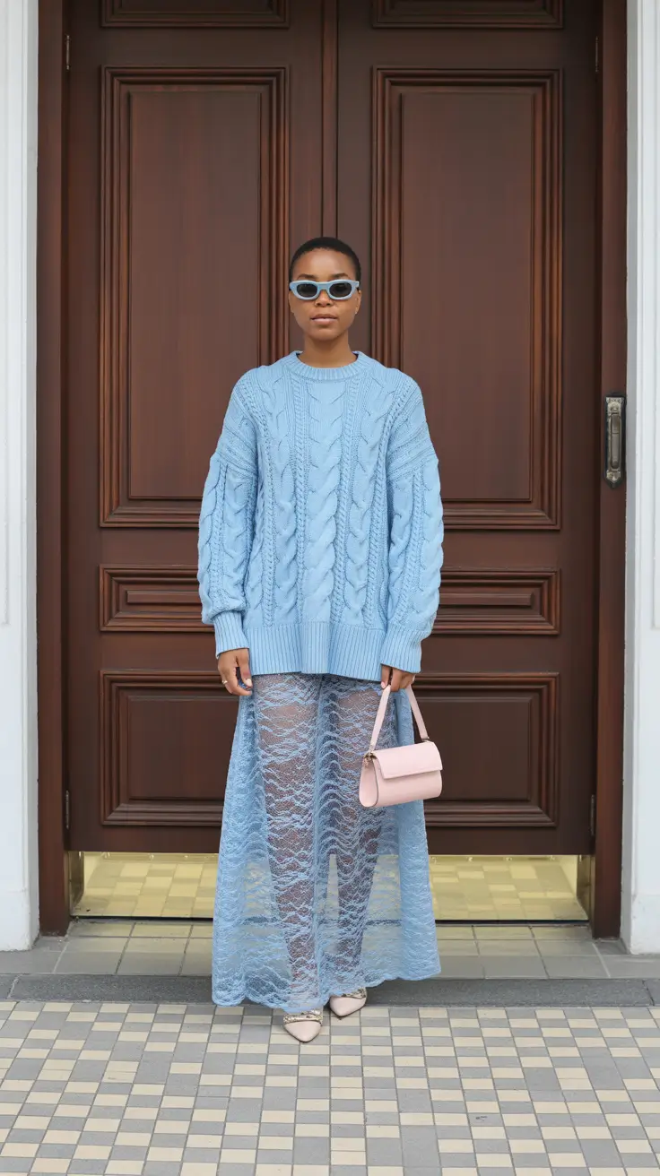 popular spring outfits black women 2026 Soft Knit Texture Layered Over Sheer Lace