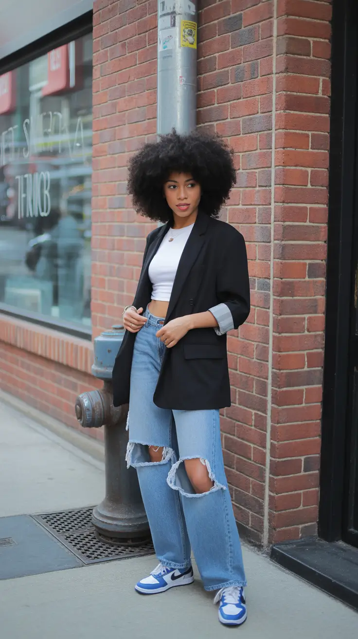 popular spring outfits black women 2026 Classic Black Blazer With Relaxed Denim and Bold Sneakers