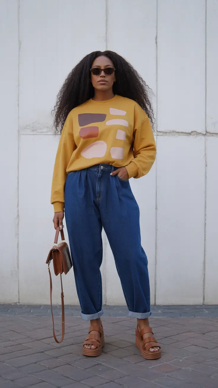 popular spring outfits black women 2026 Warm Mustard Graphics With Relaxed Spring Denim