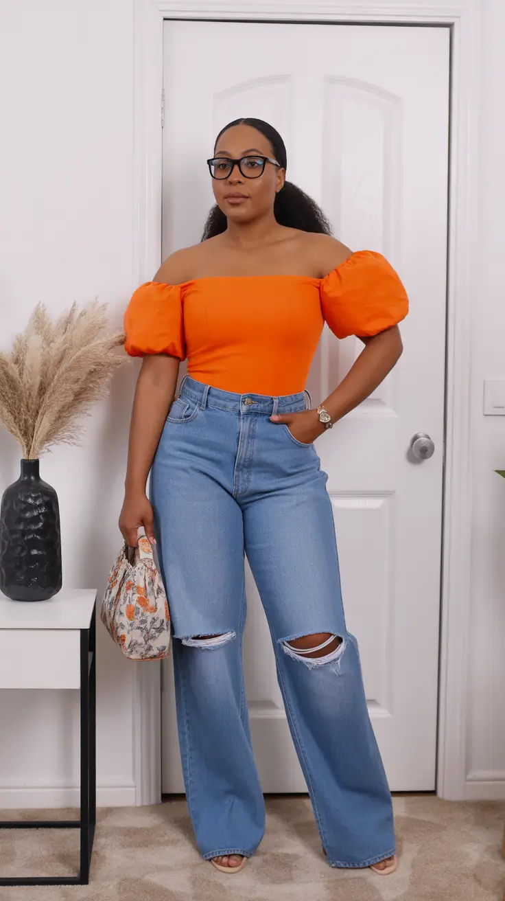 popular spring outfits black women 2026 Bold Citrus Top With Effortless Wide-Leg Denim