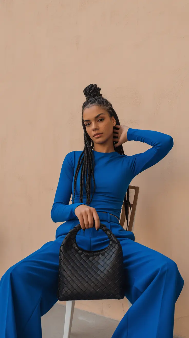 popular spring outfits inspiration 2026-Modern Monochrome Blues with Sculptural Confidence