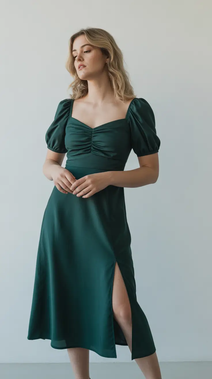 popular spring outfits inspiration 2026-Emerald Elegance with a Soft Romantic Shape