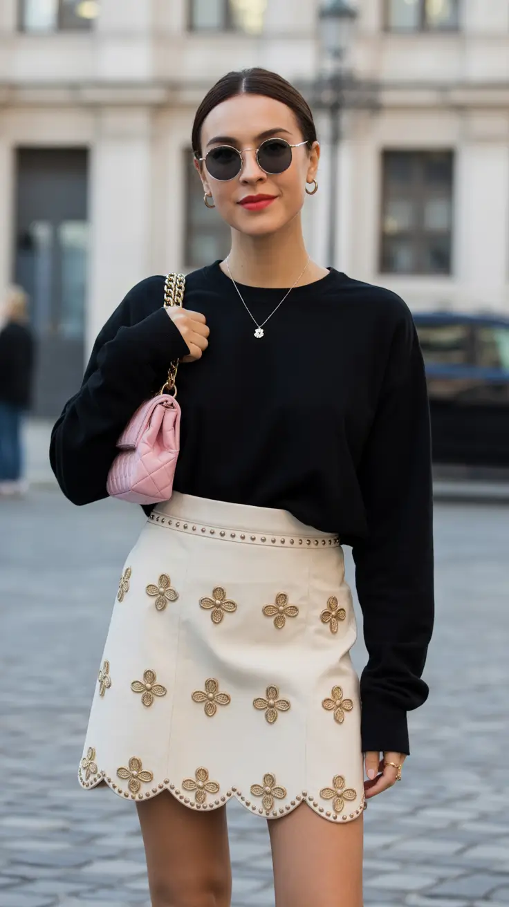 popular spring outfits inspiration 2026-Classic Black and Cream with Subtle Embellishment
