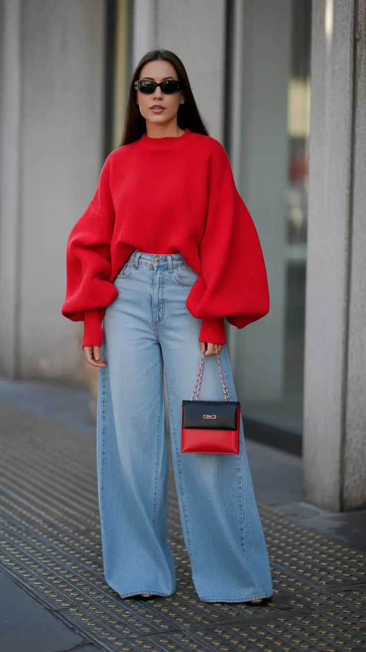 spring transition outfits 2026 Voluminous Knit and Wide Denim for Modern Simplicity