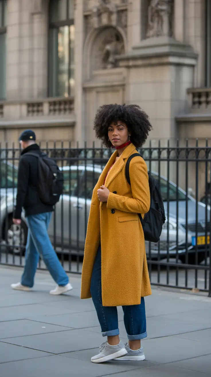 spring transition outfits 2026 Warm Mustard Coat for Unpredictable Days