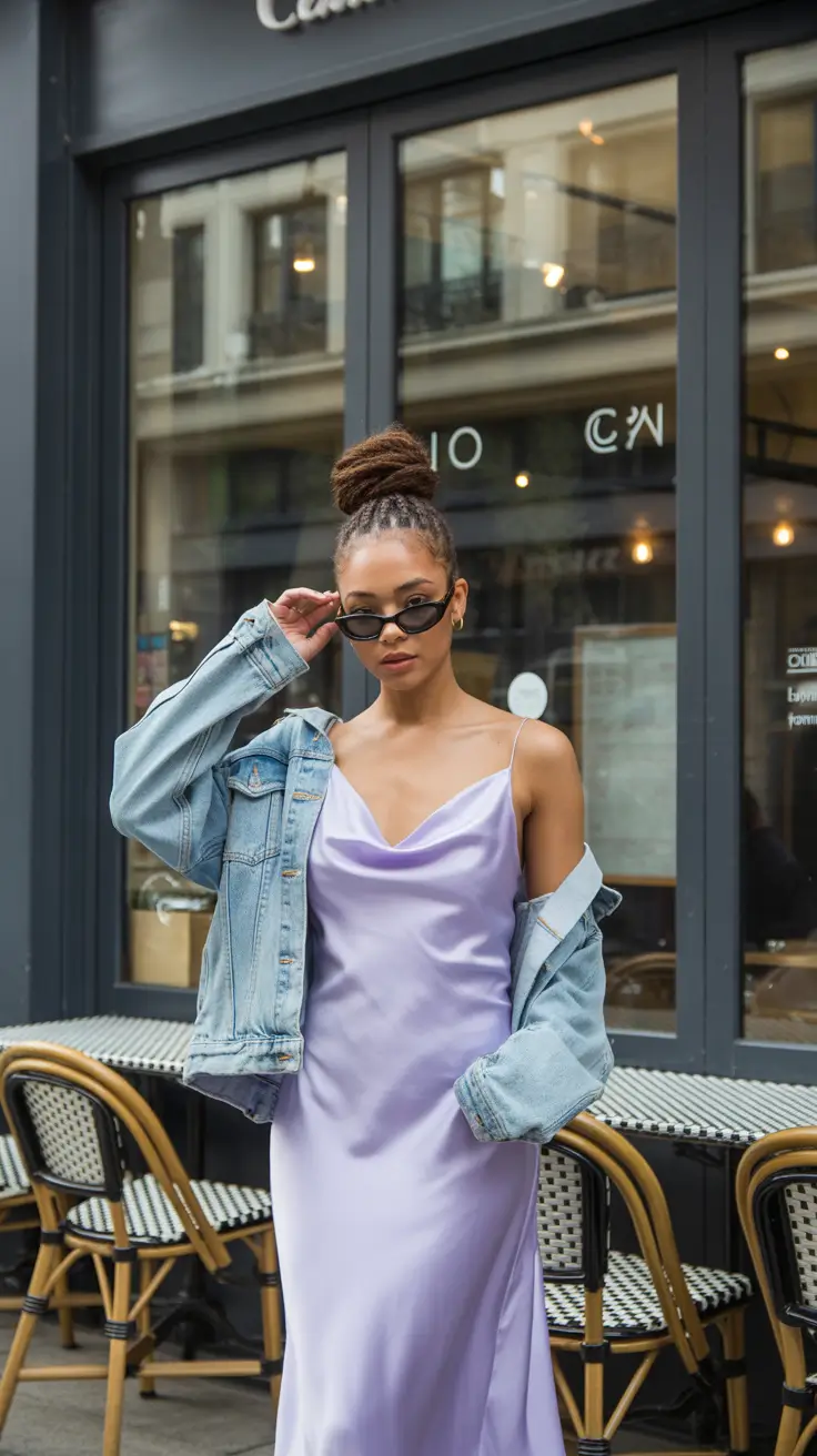 spring transition outfits 2026 Soft Satin and Denim for Light Evening Moments