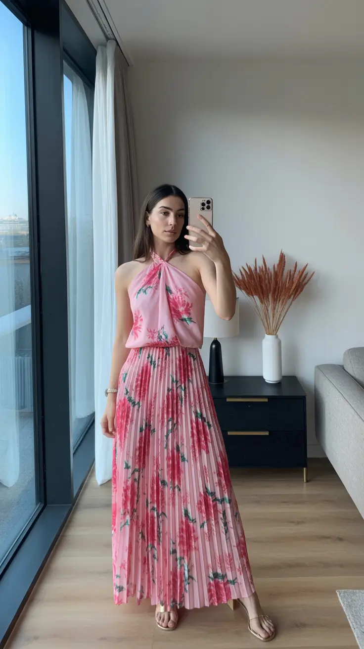 spring wedding guest outfit 2026 Rosy Pleats for Soft Spring Romance