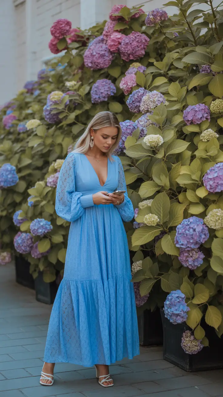 spring wedding guest outfit 2026 Soft Blue Grace for Romantic Garden Gatherings