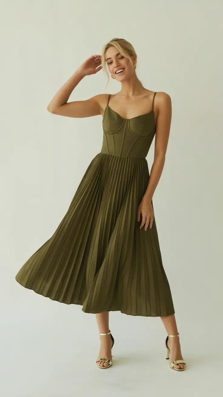 spring wedding guest outfit 2026 Olive Pleats for Effortless Spring Sophistication