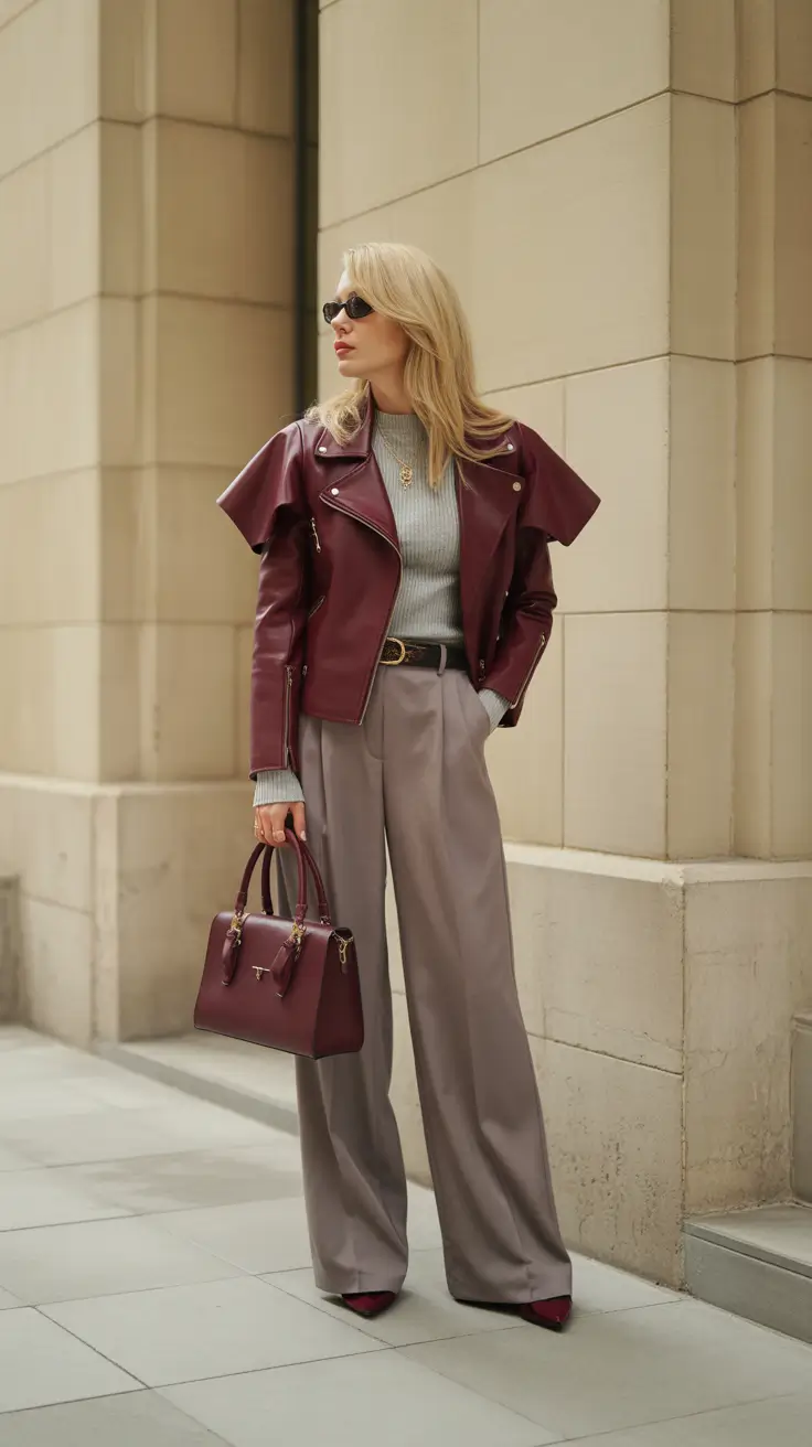 winter to spring outfits 2026 Burgundy Leather and Tailored Calm