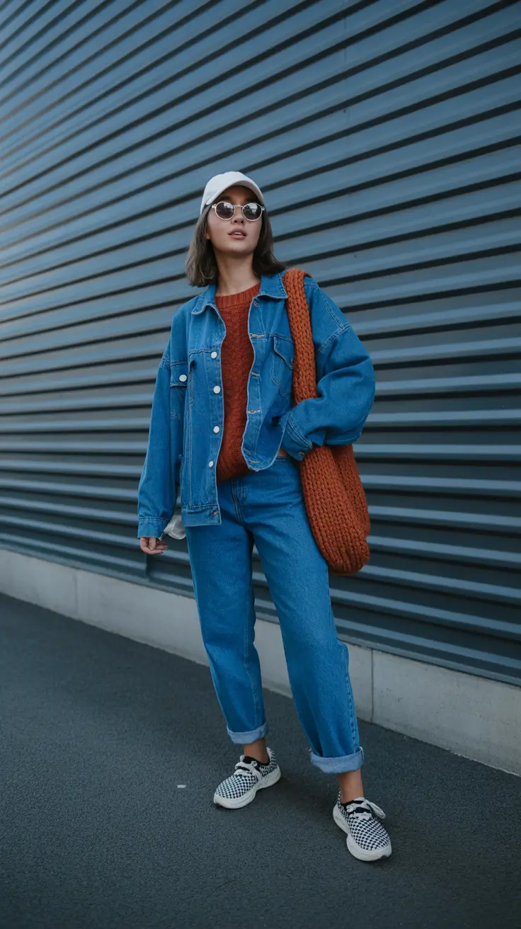 winter to spring outfits 2026 Denim-on-Denim Comfort with a Textured Twist