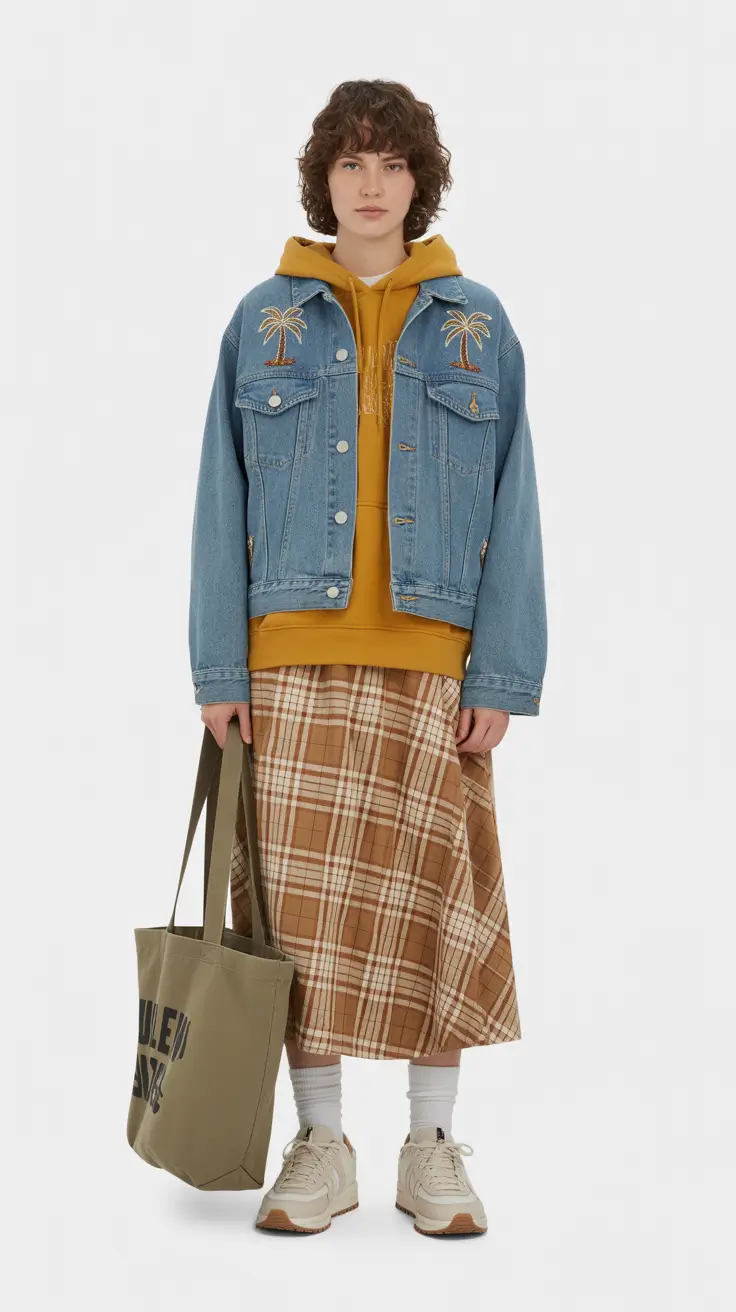 winter to spring outfits 2026 Playful Plaid and Embroidered Denim for a Soft Spring Mood