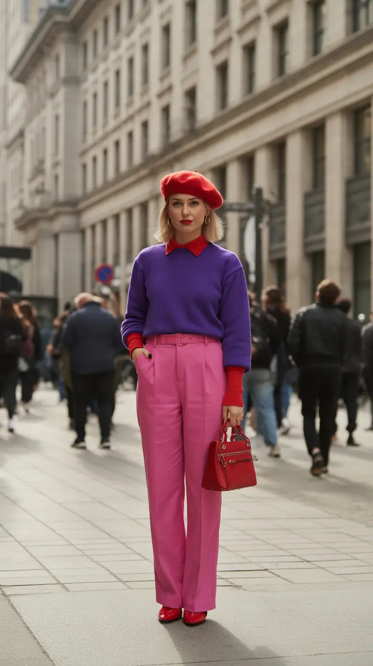 winter to spring outfits 2026 Color-Blocked Brilliance in Red, Pink, and Violet