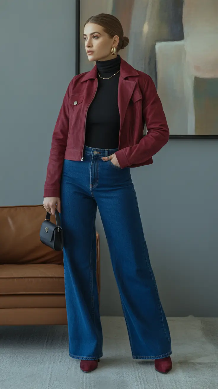 winter to spring outfits 2026 Burgundy Suede and Classic Denim for Refined Ease
